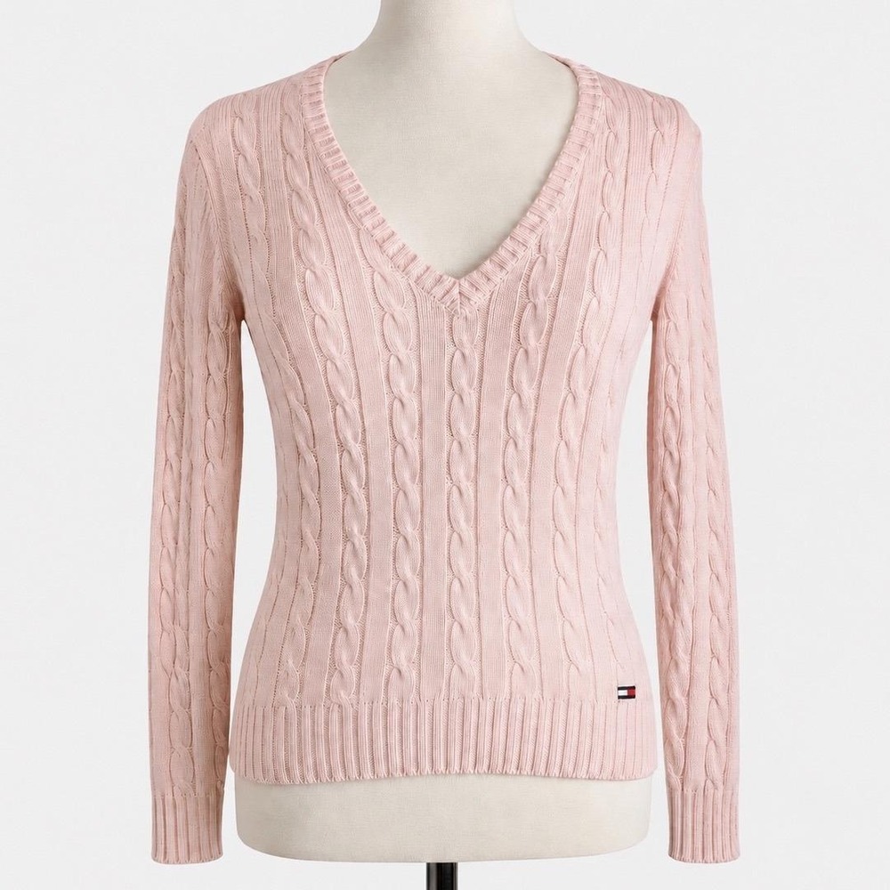 Vintage Tommy Hilfiger Pink Cable Knit Sweater M Y2K‎ Preppy Cottagecore Chic